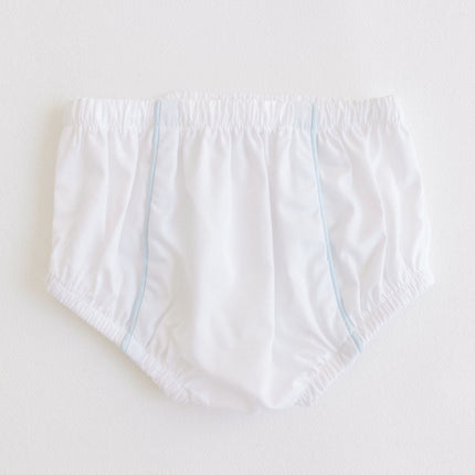 White diaper covers with blue stitching on a light gray background