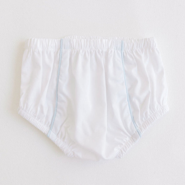 White diaper covers with blue stitching on a light gray background