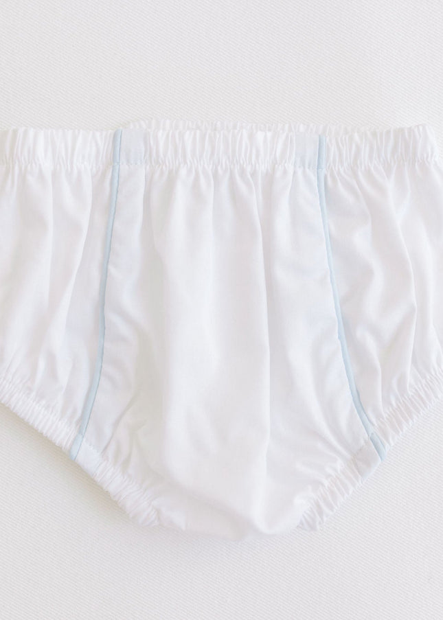 White diaper covers with blue stitching on a light gray background