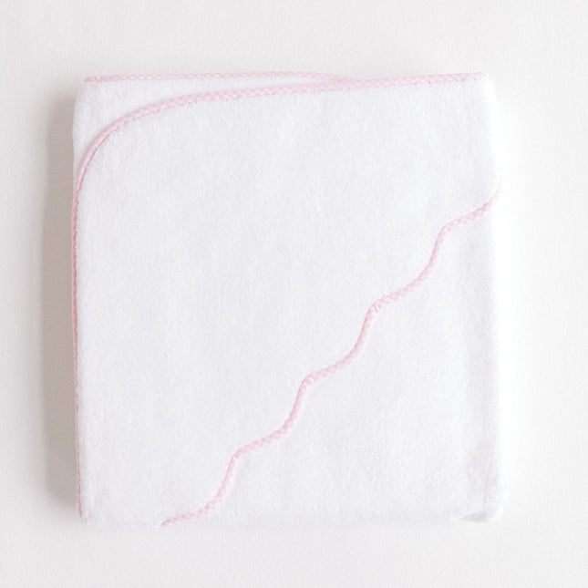 White towel with pink stitching on a white background