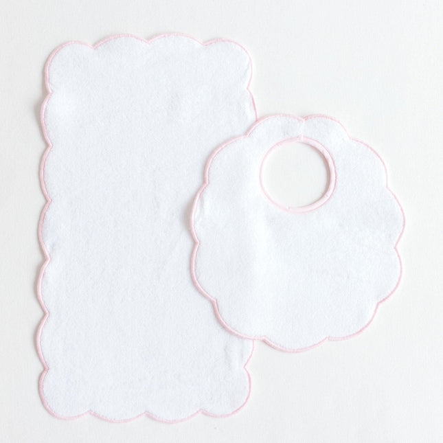 Terry Tots Bib & Burp Sets - Pink Scalloped Edge